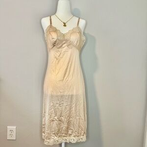 Vintage Nude Midi Slip Lingerie Dress Women’s Size S Lace Trim Adjustable Straps
